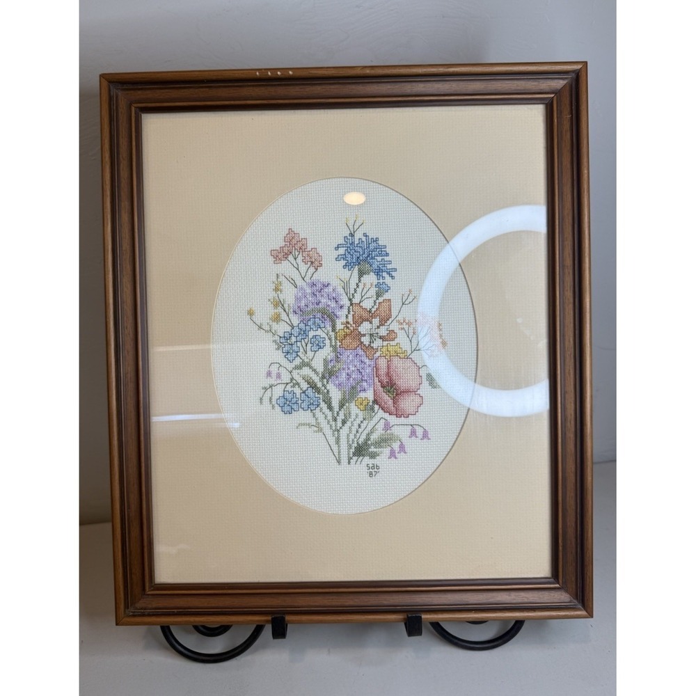 Vintage Framed Cross Stitch Wildflowers Bouquet Hand Stitched Needlepoint 1987